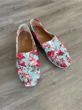 TOMS Floral Stripe Canvas Slip-Ons - Pink/Blue/Green